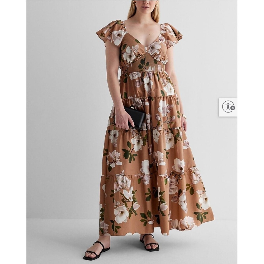 Express Floral Smocked Flutter Sleeve Tiered Maxi Dress Tan Brown XL New
